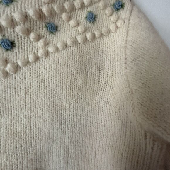 Vintage 40s 50s Wool Popcorn Knit Cardigan Sweater Cropped S Blue Floral Buttons - Picture 16 of 16